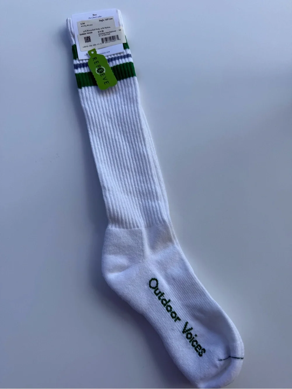 Outdoor Voices White Crew Socks with Green Stripes and Logo